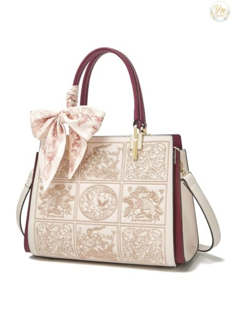 Vintage Embroidery Leather Tote Satchel Handbag with Top Handles & Crossbody